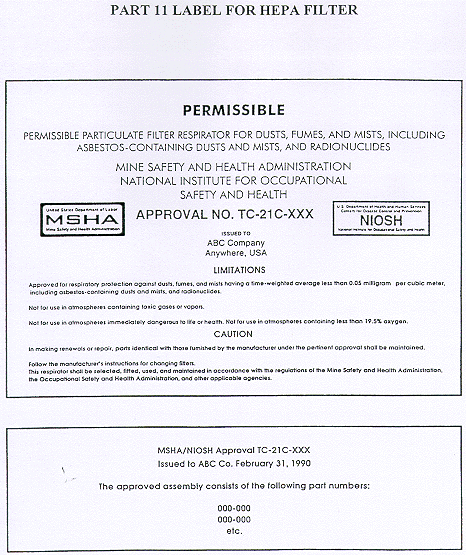 Part 11 Label for HEPA Filter